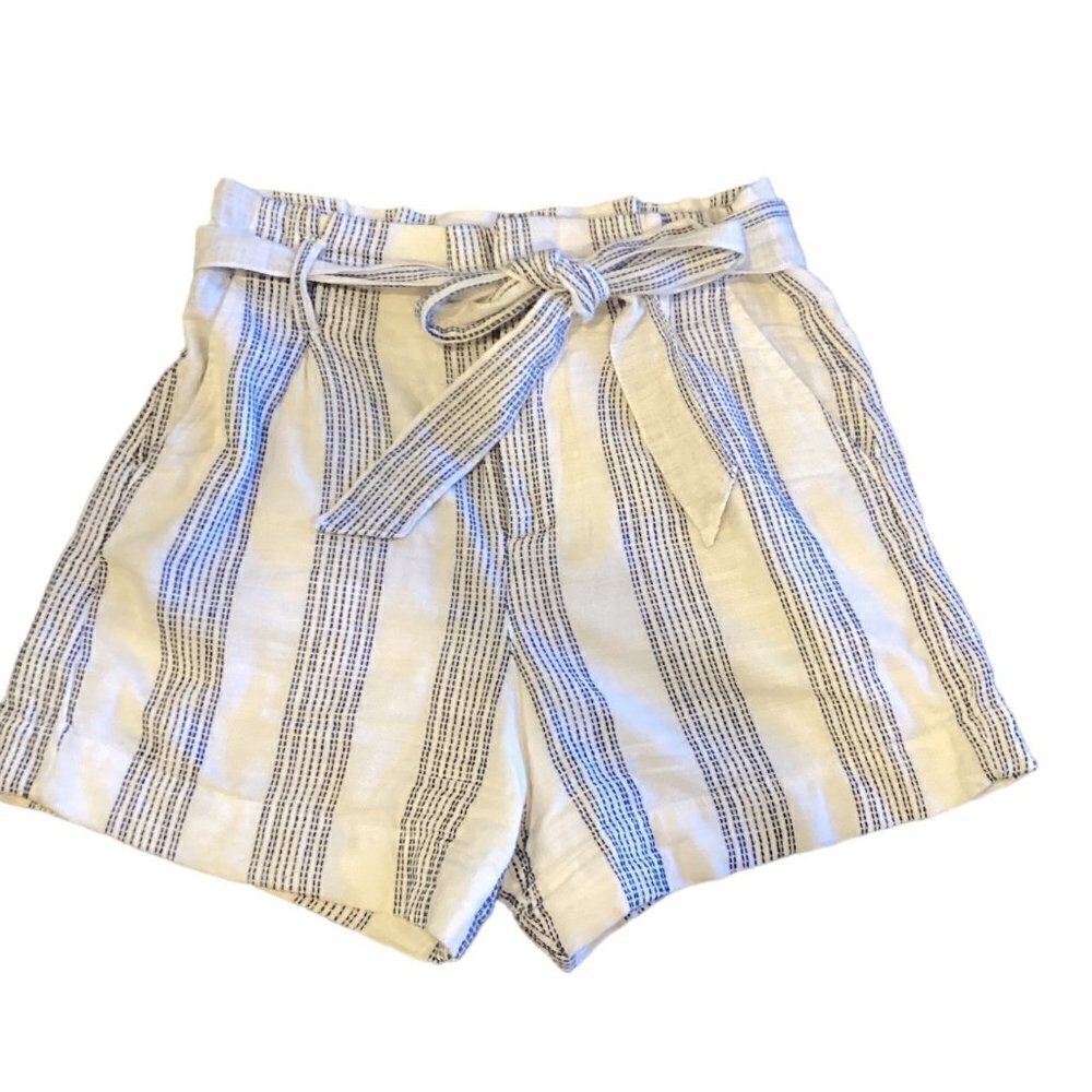 H&M L.O.G.G. Cotton High Tie Waist Shorts Sz 2 Blue & White Striped #146K - Picture 3 of 7